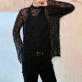 Hearujoy Mens see-through nightclub lace high-neck long-sleeved T-shirt autumn genderless fashion sexy hollow long-sleeved top unisex